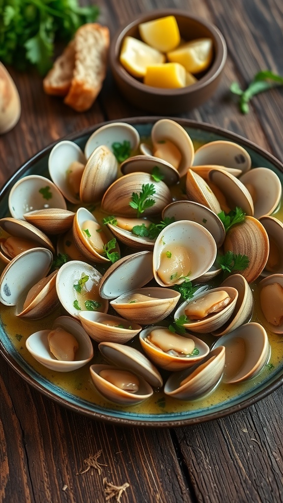 A plate of clams in white wine sauce with herbs and garlic, served with lemon wedges and bread.
